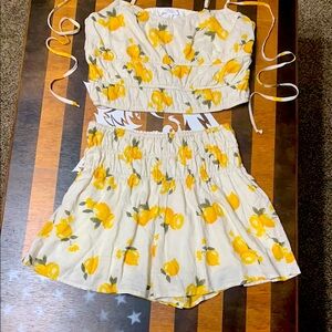 Lemon Print/Oranges W/Floral Chic Summer Crop Top and Shorts Set